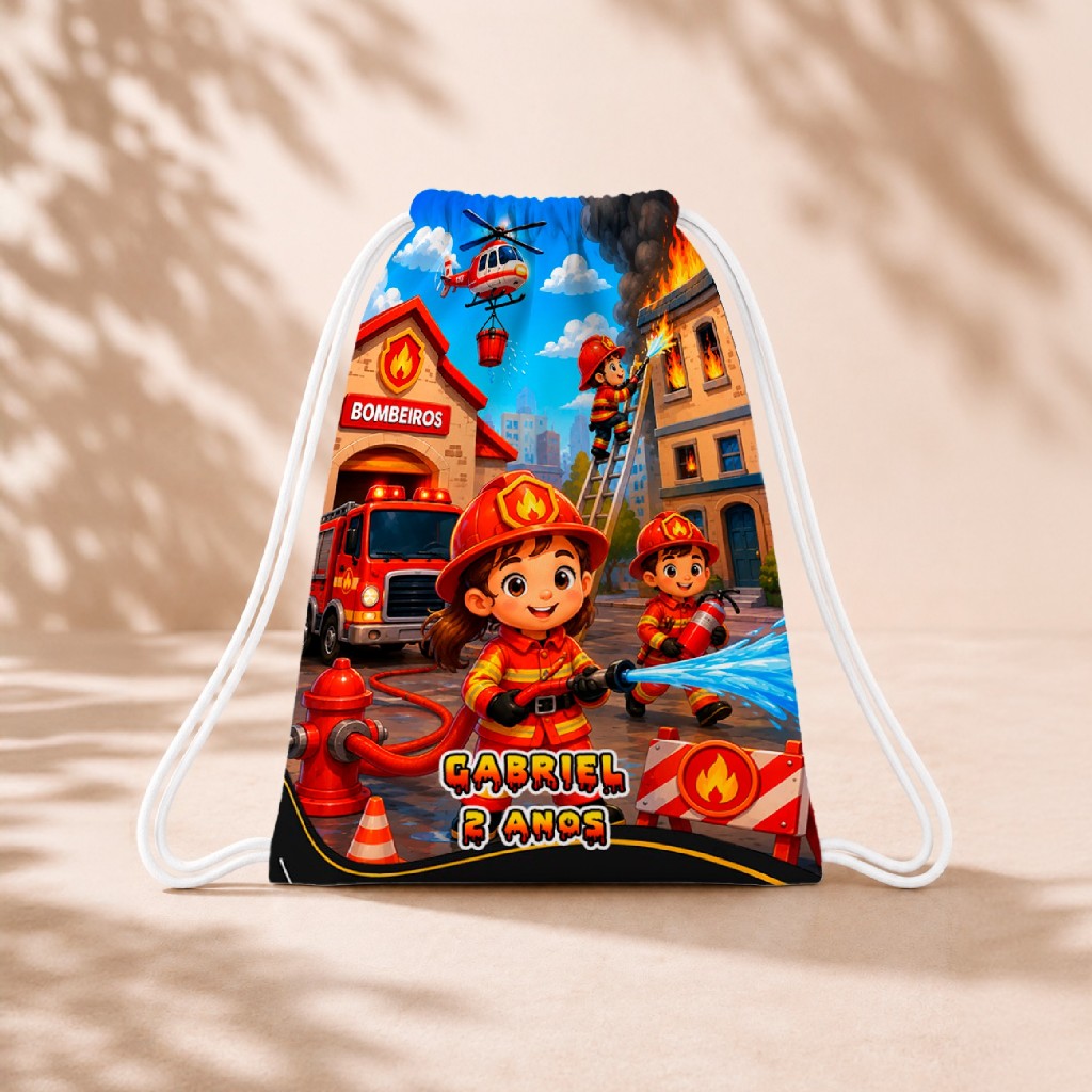 10 Mochila Personalizada Infantil 18x26 Sacolinhas Surpresa Festa Aniversário Lembrancinha Bombeiro Bombeiros Menina