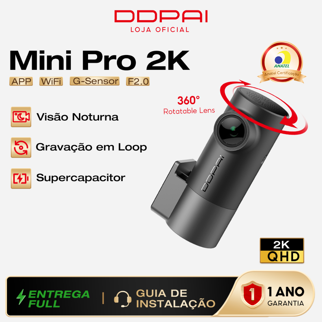 DDPAI Mini Pro Uber Câmera Veicular 2K Ângulo de 140° Dash Cam Wi-Fi Visão Notur