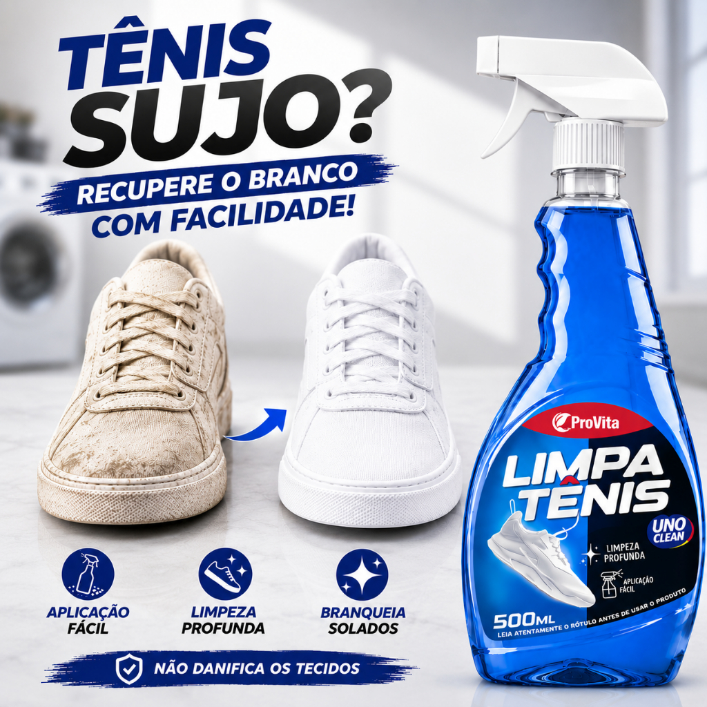 Limpa Tênis Spray Premium 500ml Limpeza a Seco Remove Sujeira Solado Encardido Sapato Calçados Branco Tecido Couro