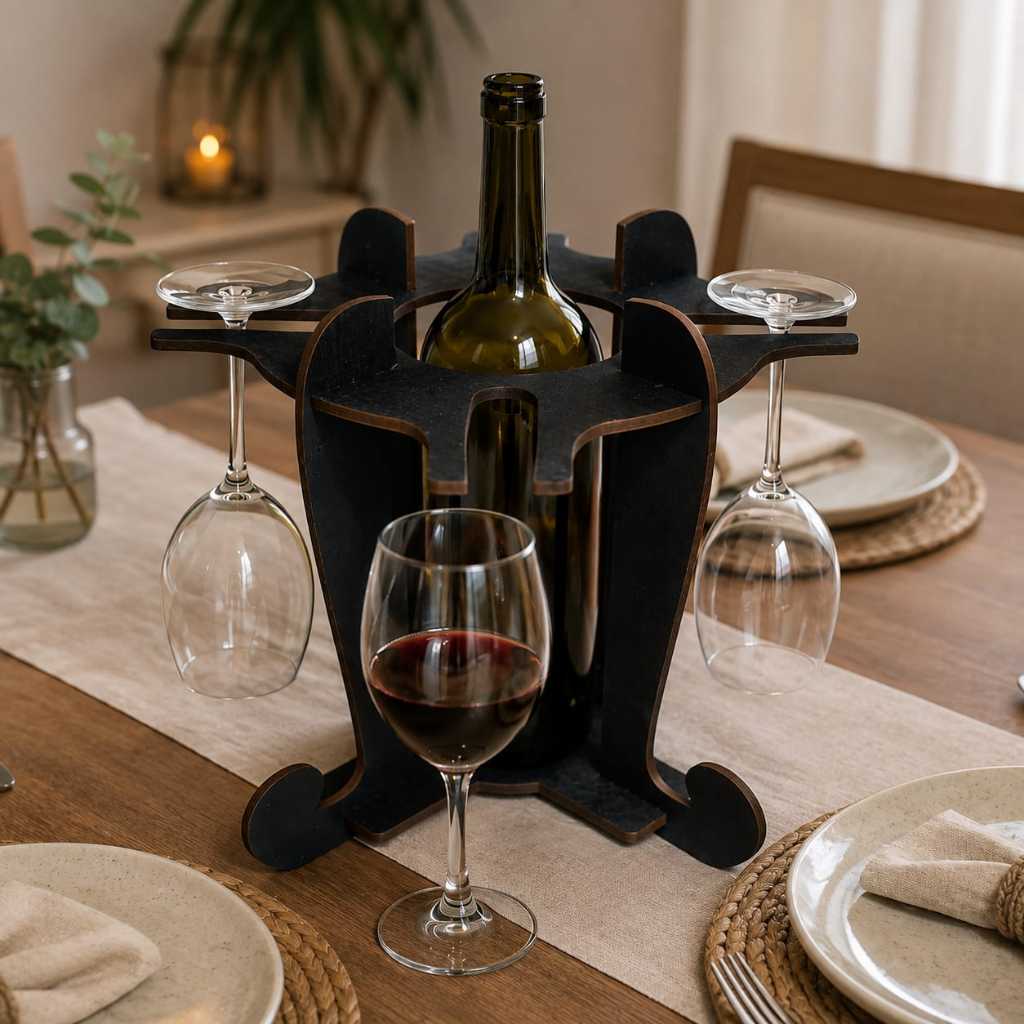 Suporte de Vinho e 4 Taças Preto Tabaco Elegância Praticidade Bancada Mesa Mdf