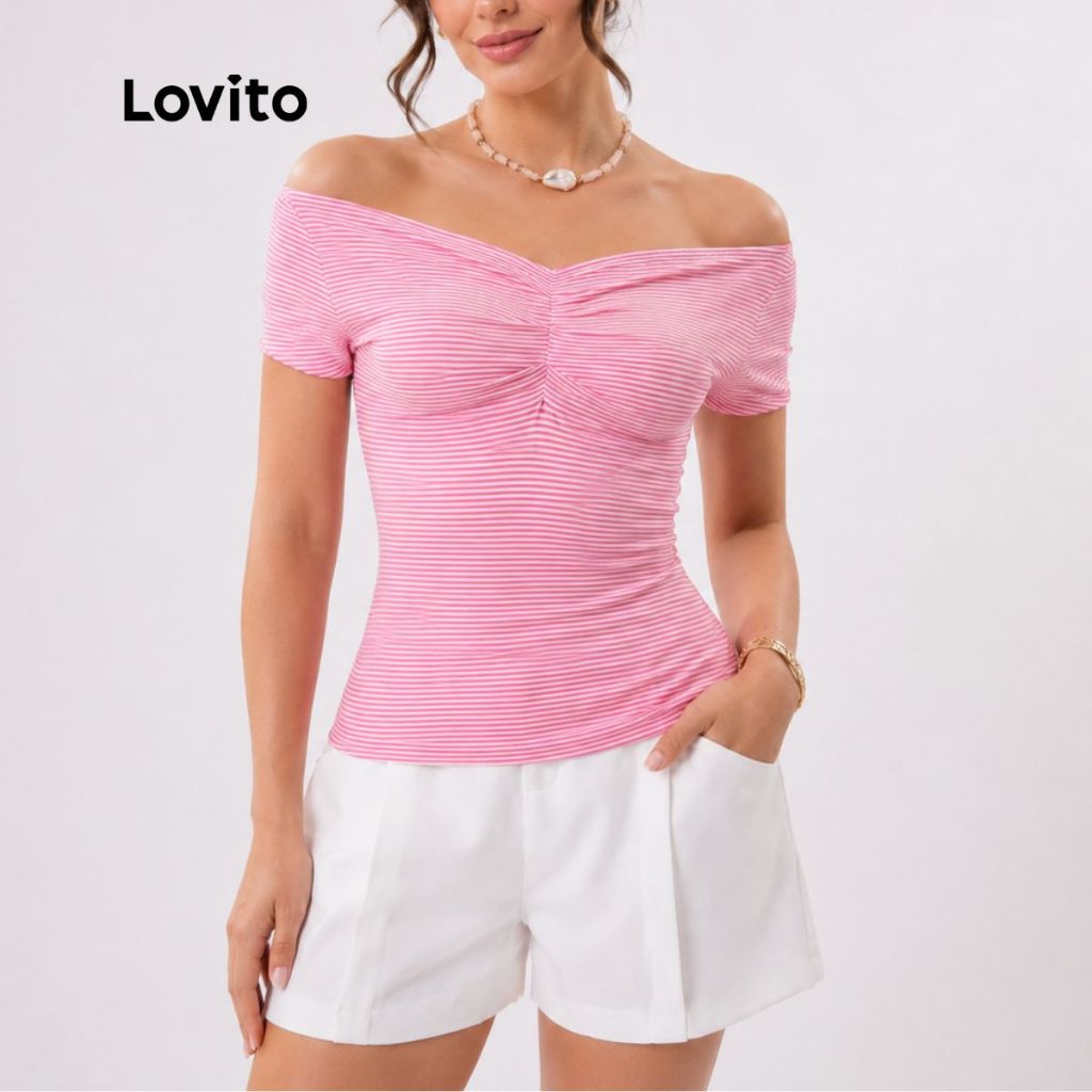 Lovito Blusa Feminina Ombro a Ombro Listrada Casual TKB510BRL540