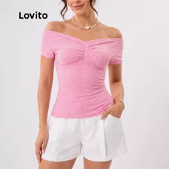Lovito Blusa Feminina Ombro a Ombro Listrada Casual TKB510BRL540