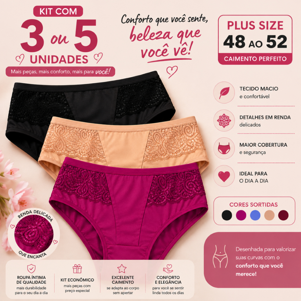 Kit Calcinhas Plus Size Cintura Alta com Renda Confortável Feminina 48 ao 52 Lingerie