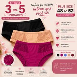 Kit Calcinhas Plus Size Cintura Alta com Renda Confortável Feminina 48 ao 52 Lingerie
