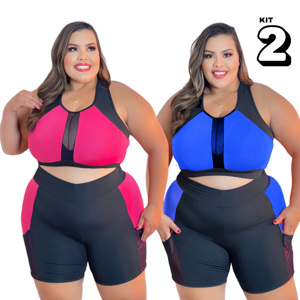 kit 2 conjuntos fitness Plus Size G ao Exgg Roupa Academia Top e Short Feminino Curves