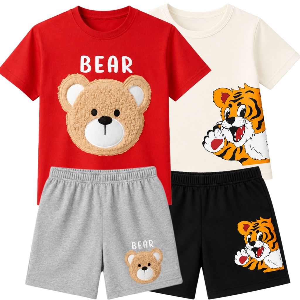 Kit 2 Conjunto Infantil Sortido Masculino Estampados Camiseta Manga Curta + Shots Casual Perfeito Confortável Premium