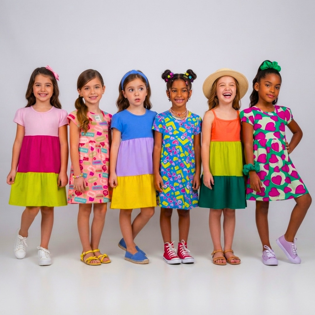 Kit 6 Vestido Infantil Maria Liso E Estampado em Algodão Regata Alça e Manguinha Sortidos 1 ao 8 anos