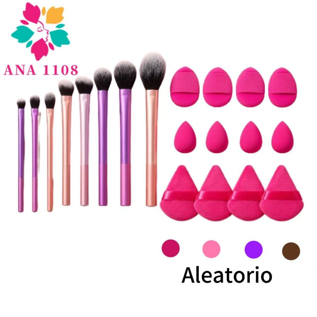 ANA 1108 Kit Maquiagem 8 Pincéis + 12 Esponjas para Base e Corretivo Aleatórias