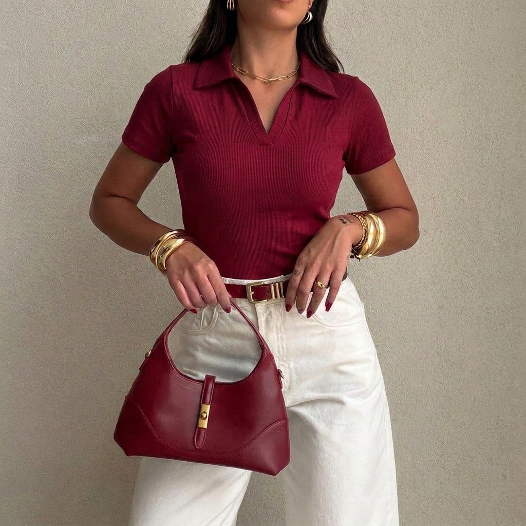Blusa Feminina Gola Polo Ribana Canelada Premium Elegante Casual Estilosa