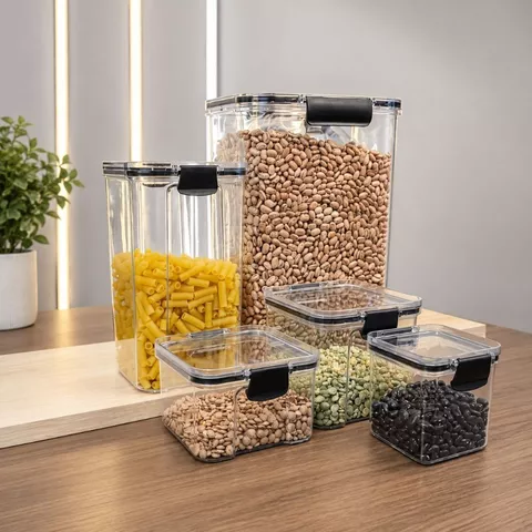 Kit  Potes Herméticos em Acrílico Cristal com Trava – Design Empilhável e Ideal para Mantimentos