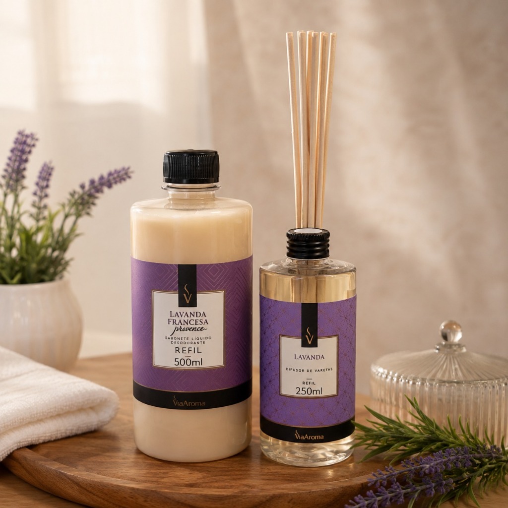 Kit Refil Difusor Varetas 250ml + Sabonete Líquido 500ml Via Aroma