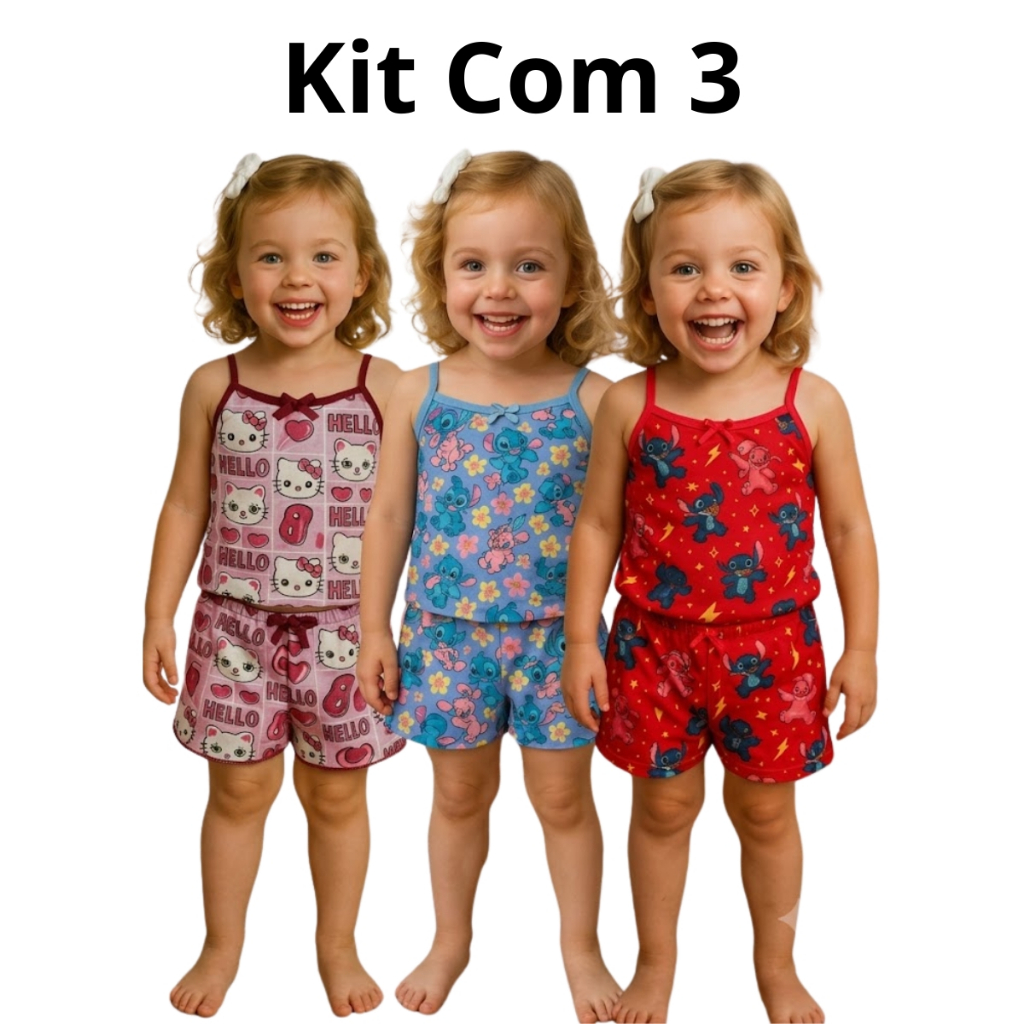 Kit 3 Pijama Criança Infantil Short Dool e Baby Doll Menina Verão Juvenil Menininha Estampadinho Garota OFERTA