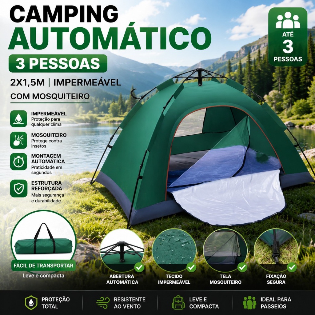 Camping Automático 3 Pessoas Barraca 2x1,5m Impermeável com Mosquiteiro