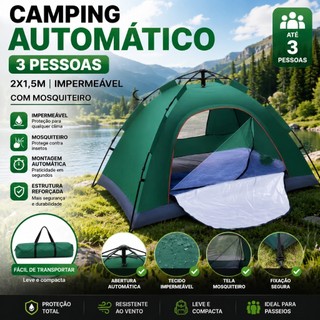 Camping Automático 3 Pessoas Barraca 2x1,5m Impermeável com Mosquiteiro