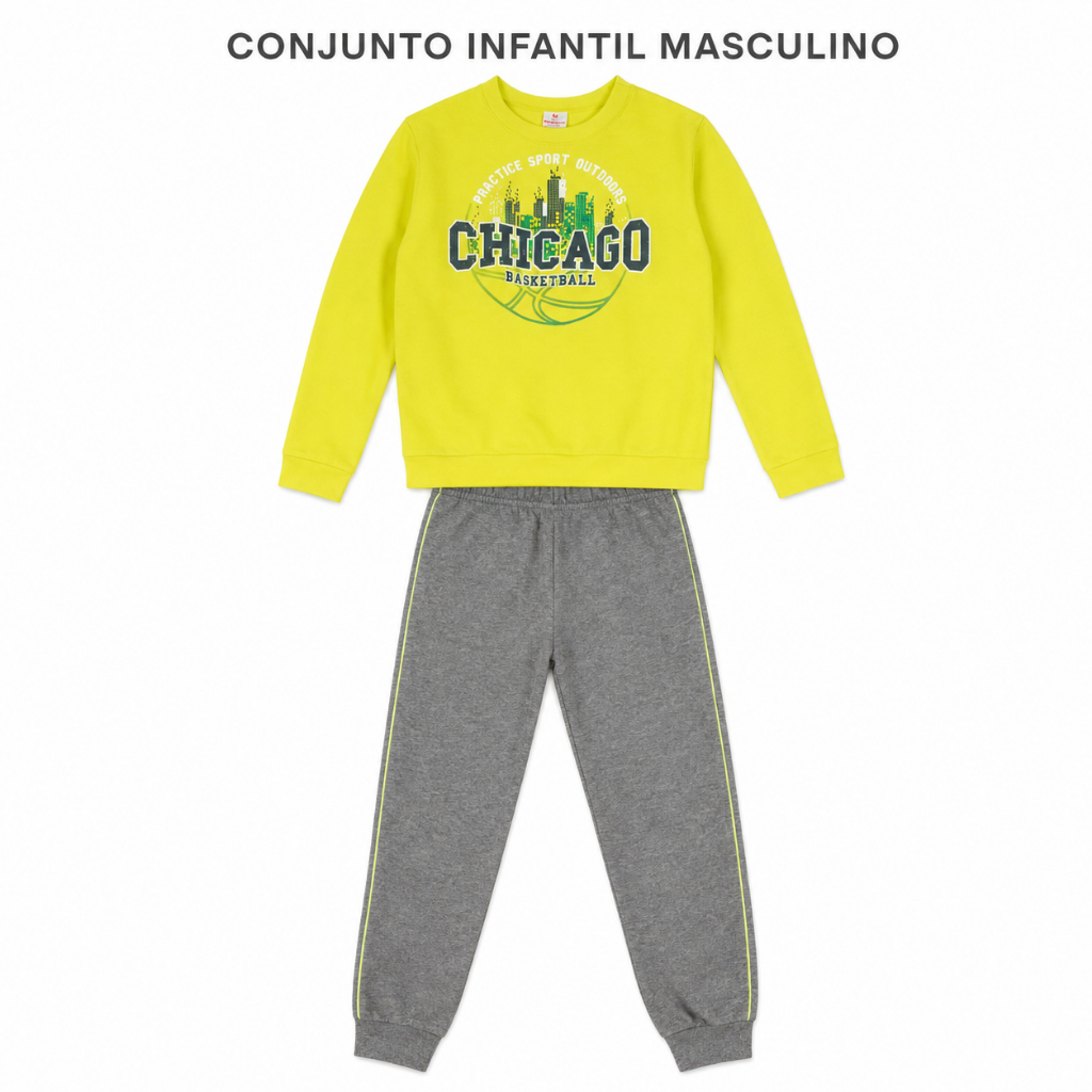 Conjunto Infantil Masculino Brandili Moletom Algodão Neon Chicago Basketball com Calça Mescla Inverno Menino