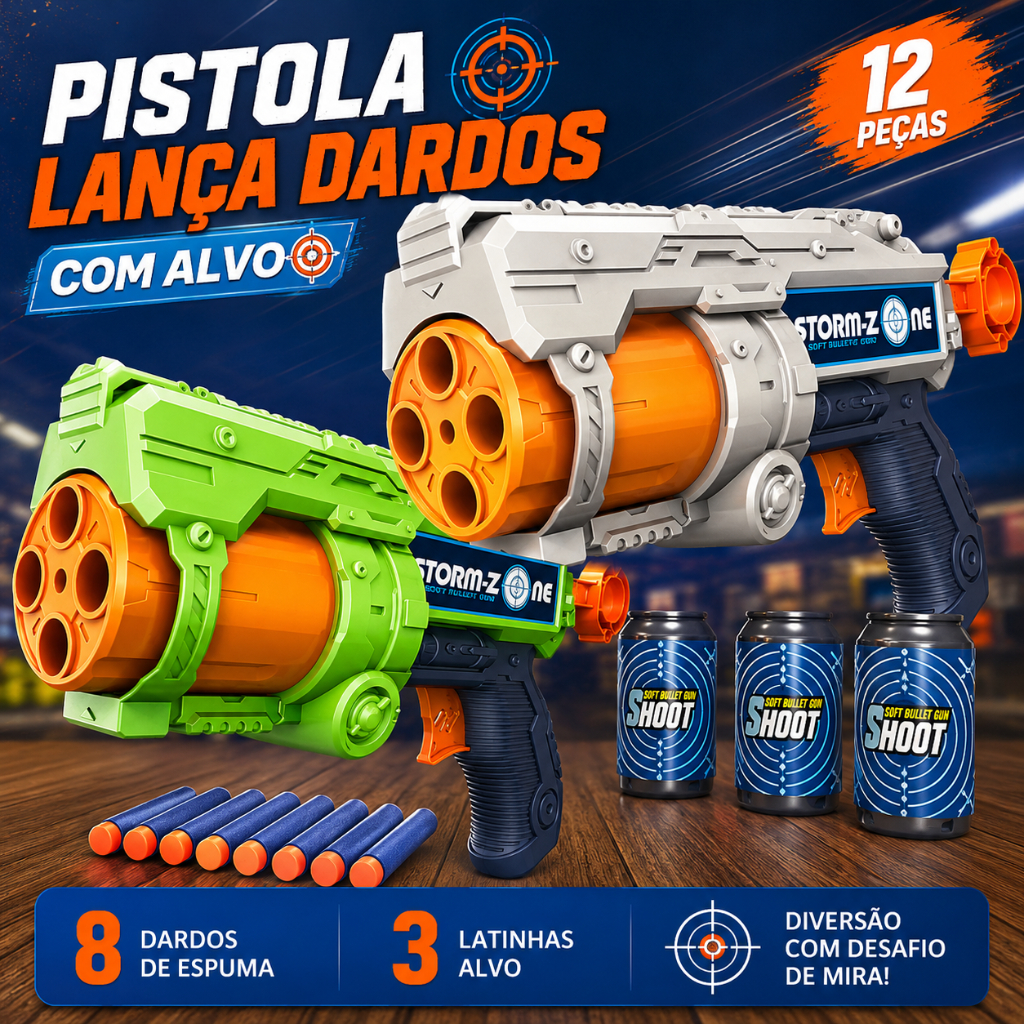 Kit Pistola Lança Dardos Infantil com Alvo 12 Peças | Lançador de Espuma com 8 Dardos e 3 Latinhas Tipo Nerf