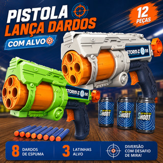 Kit Pistola Lança Dardos Infantil com Alvo 12 Peças | Lançador de Espuma com 8 Dardos e 3 Latinhas Tipo Nerf