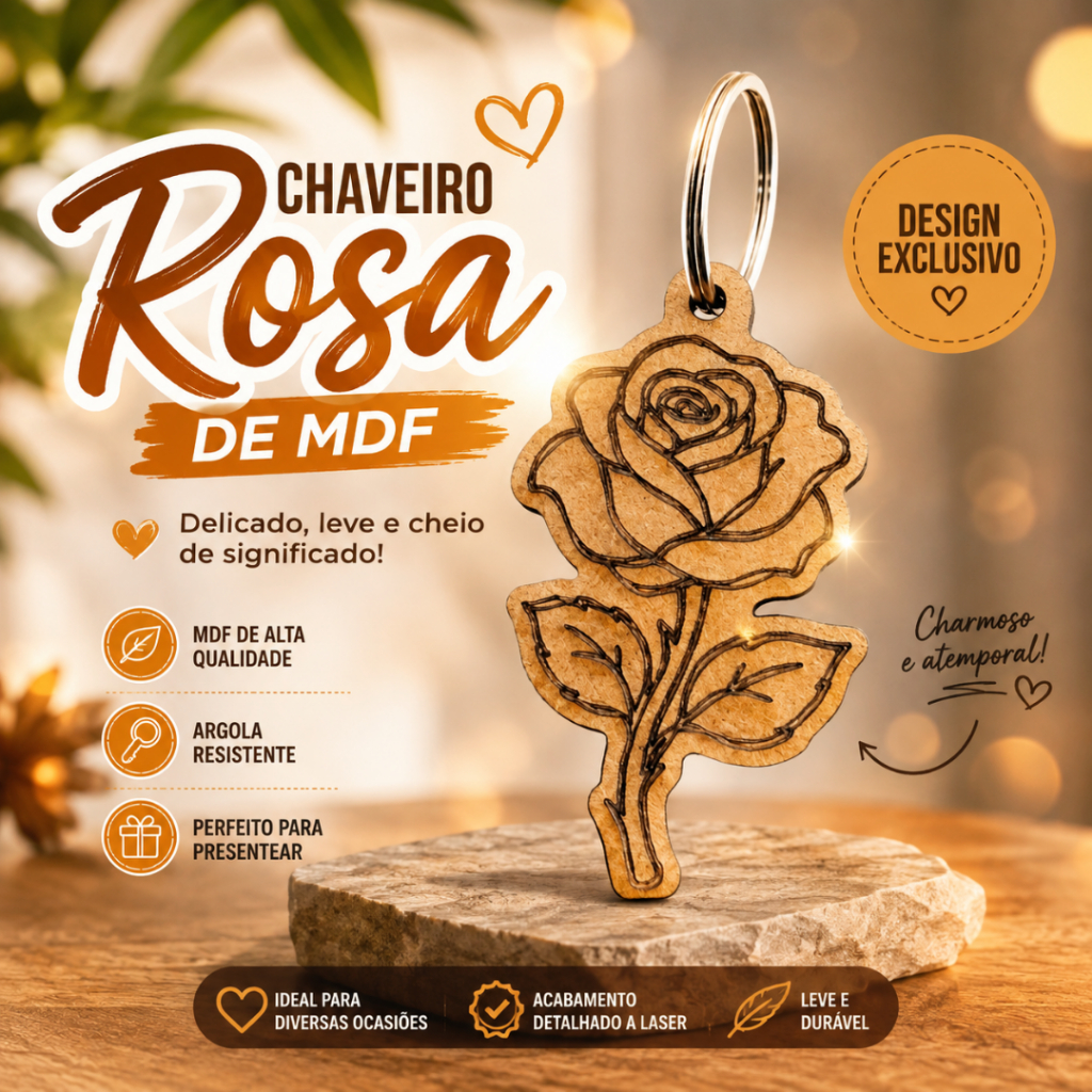Chaveiro Rosa em MDF com Argola | Kit 25, 50 e 100 Unidades | Lembrancinha para Presente