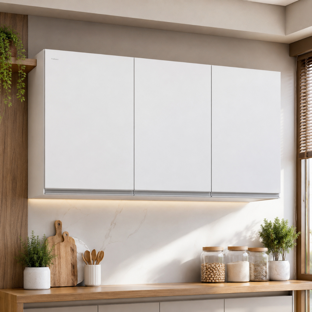Armário Aéreo de Cozinha Portas Branco com Prateleiras Internas Compacto Moderno para Louças