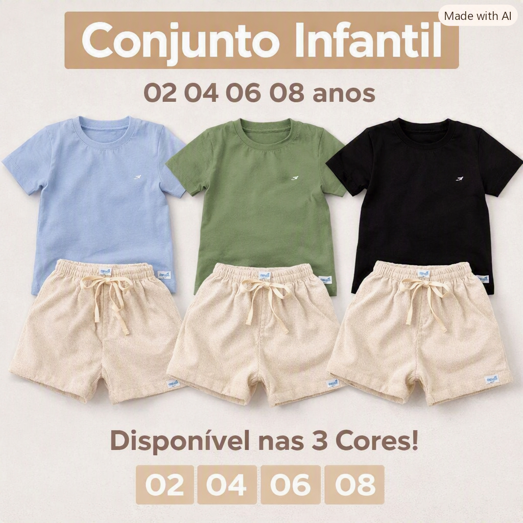 Kit 2 peças Conjunto Infantil Estiloso - Camiseta gola careca + short mauricinho no linho