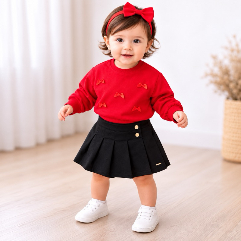 Conjunto Infantil Feminino Menina Blusa Manga Longa e Saia Plissada Roupa Bebê Inverno Meia Estação Look Infantil