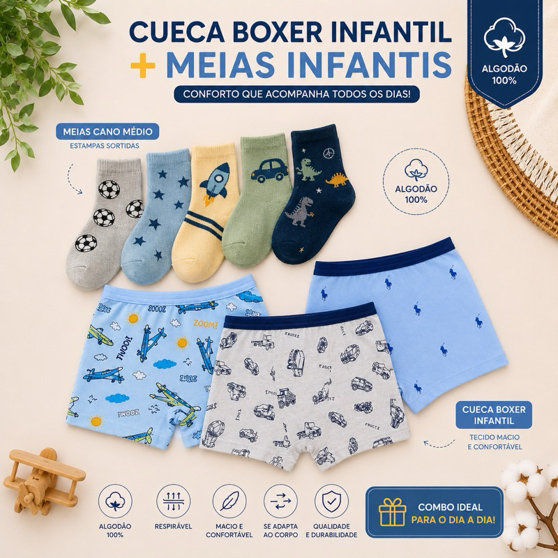 Kit com 10 Cuecas Boxer Microfibra Infantil Masculino + 12 Pares de Meias Infantis Menino
