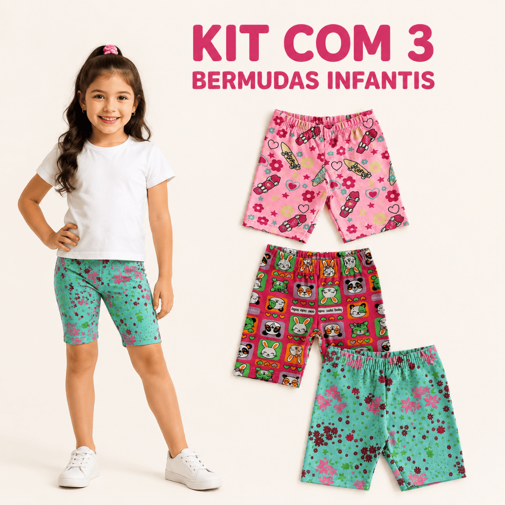 KIT 3 SHORTS INFANTIL COTTON MENINA, BERMUDA CICLISTA  - TAMANHOS 1 AO 12