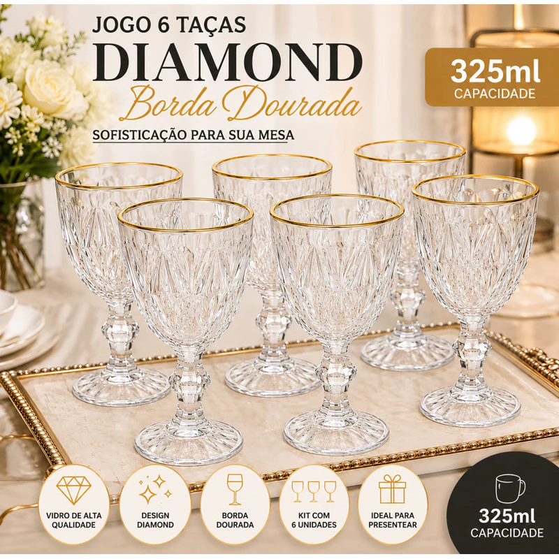 Jogo 6 Taças De Vidro 325ml Suco Vinho Água Diamond Qualidade 100% — imagem 1