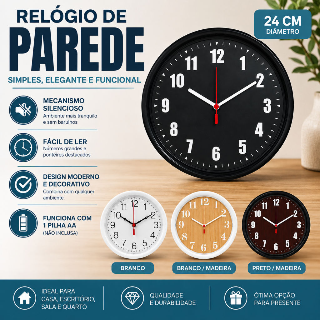 Relógio de Parede 24cm Analógico Decorativo Números Grandes