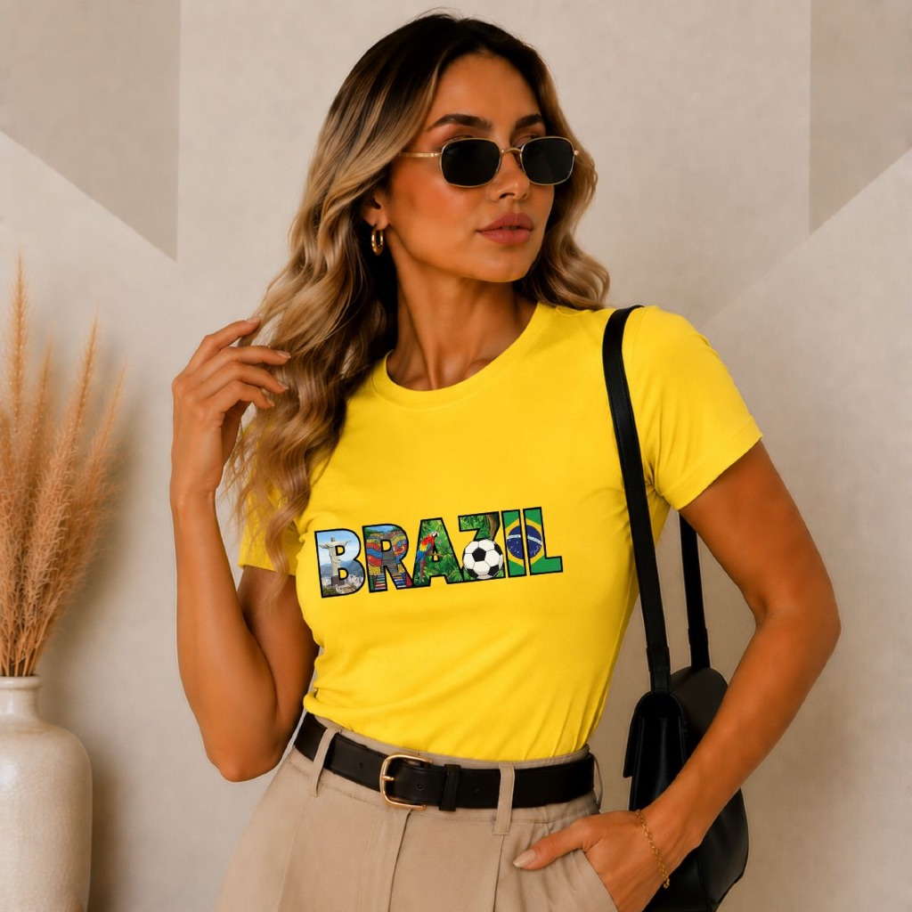 Blusa Feminina Estampa Brasil Cristo Gola Careca baby look Copa do Mundo