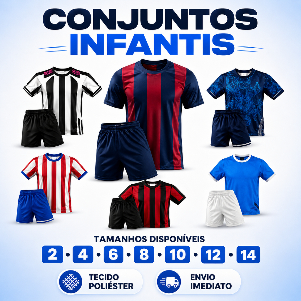 Kit Conjunto Esportivo Infantil Futebol Camiseta e Shorts para Criança Tamanho 2 ao 14 - Envio Imediato !!!
