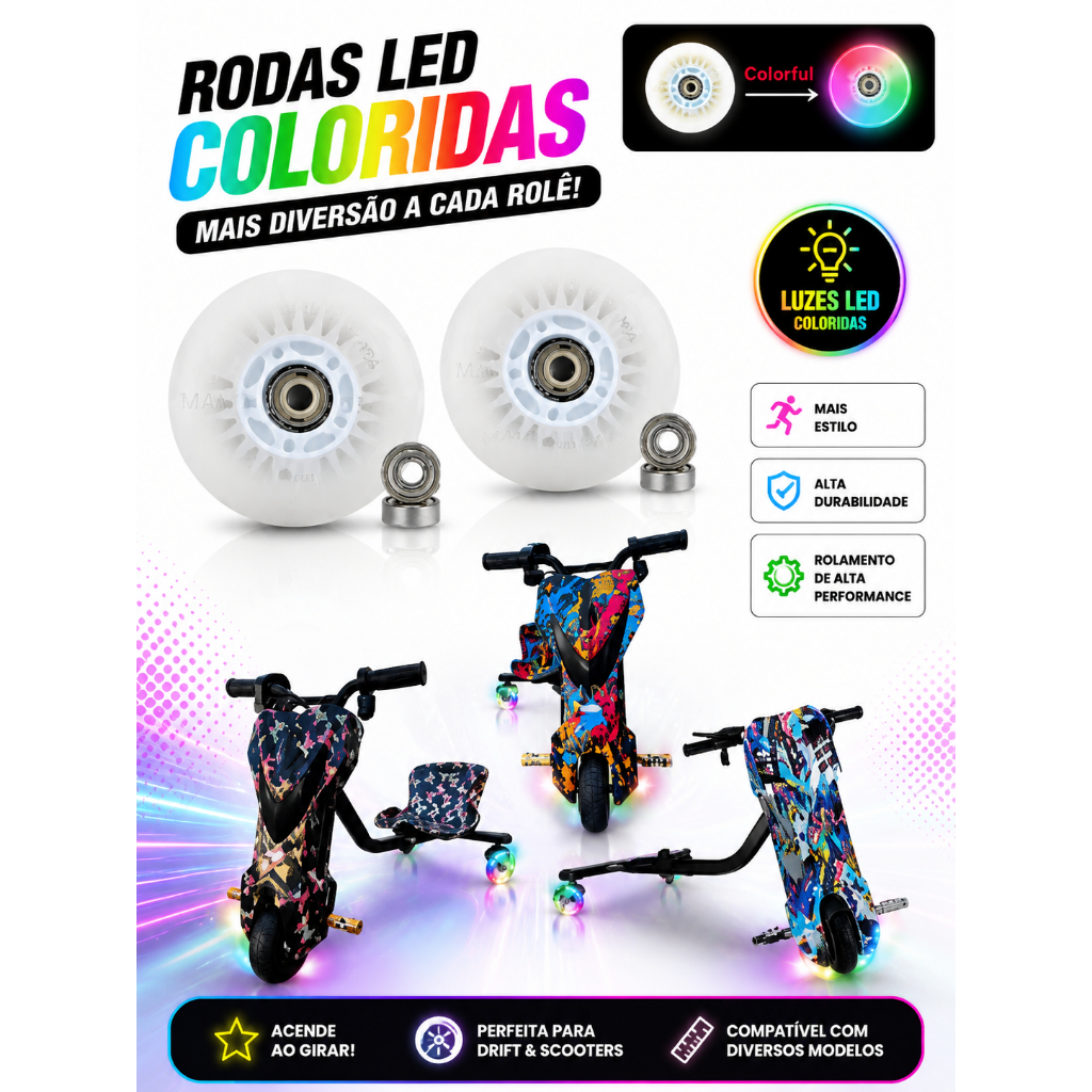 Roda Traseira De Silicone com led Para Triciclo Drift Elétrico de 120w 250w e 350w