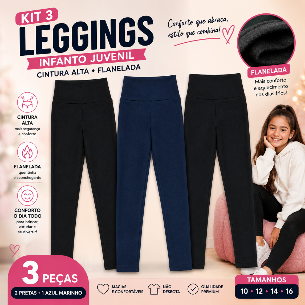 Legging Menina Infantil e Juvenil  Suplex Flanelado Cintura Alta | Quentinha e Confortável 2 ao 16