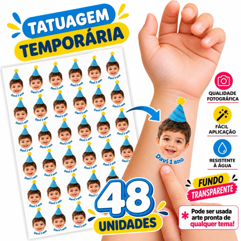 Tatuagem Temporaria Personalizada Aniversario 48 unidades Fundo Transparente