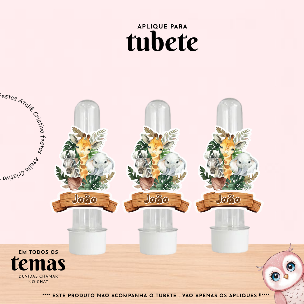 Aplique para Tubete Personalizado com nome Safari BabyMenino Lembrancinha Festa Infantil Aniversário Mimo TODOS OS TEMAS