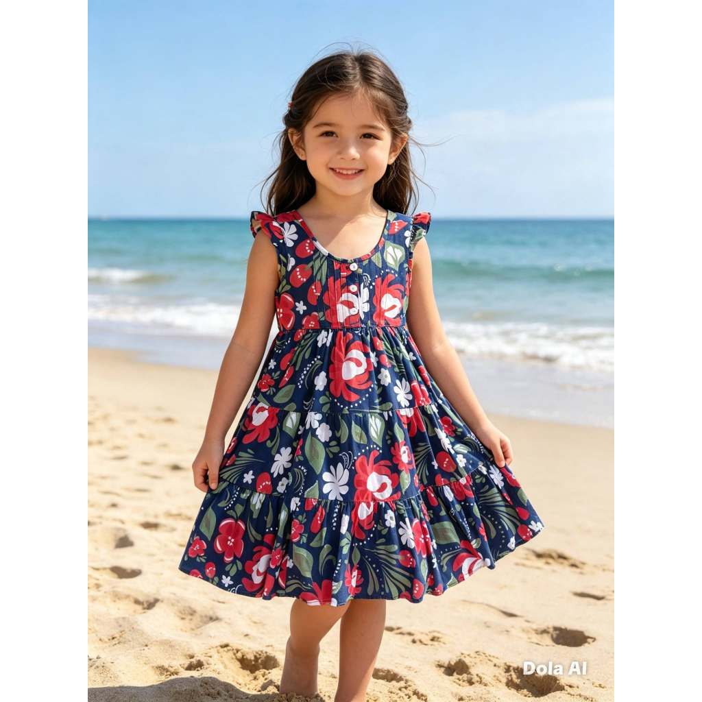 Vestido Infantil Feminino Longo, Modelo Manga Curta, Azul Marinho c/ Estampa Floral, Tam: 2, Marca: Bauerbauer