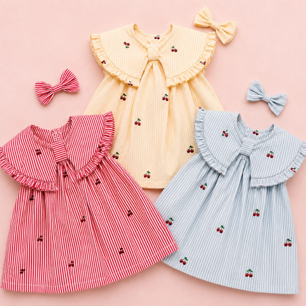 Vestido Baby Listrado Estampa Cereja Menina Vestido Listrado Acompanha Laço De Cabelo Para Bebes