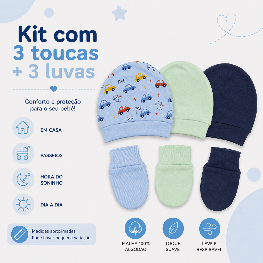 Kit 3 Toucas 3 Pares Luvas Bebê Recém Nascido Inverno 100% Algodão Suaves e Hipoalérgica RN
