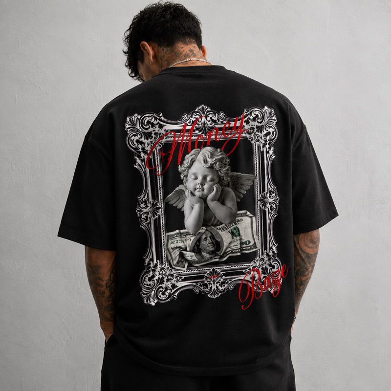 Camiseta Oversized Estampado Money Angel Baze Style Masculina streetwear Lançamento