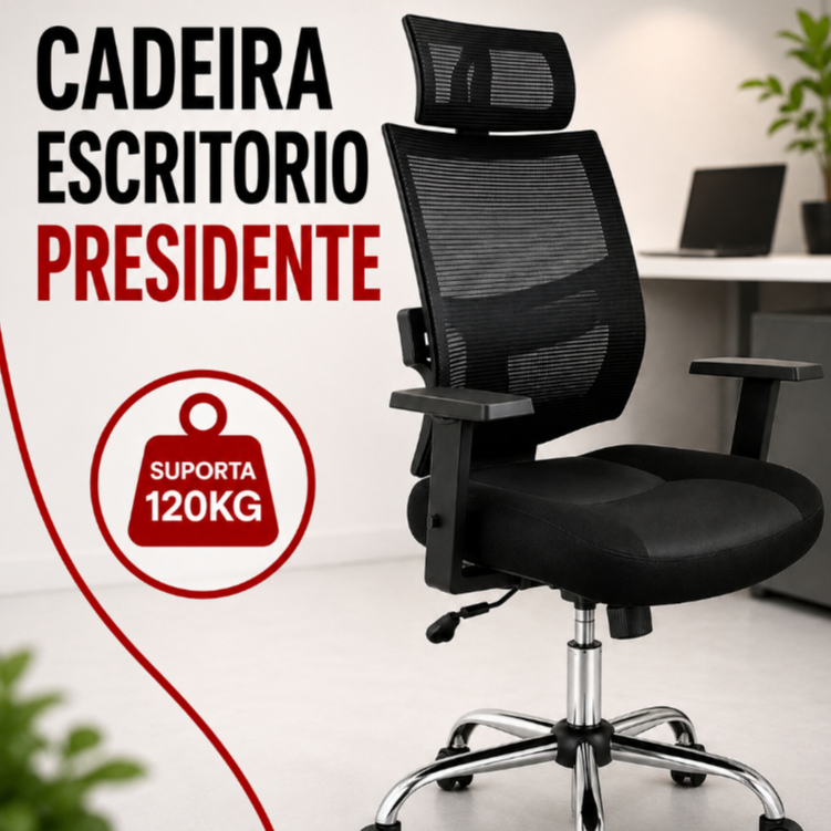Cadeira Presidente Ergonômica Escritório Backsystem Telada Giratória Braços Reguláveis 120kg