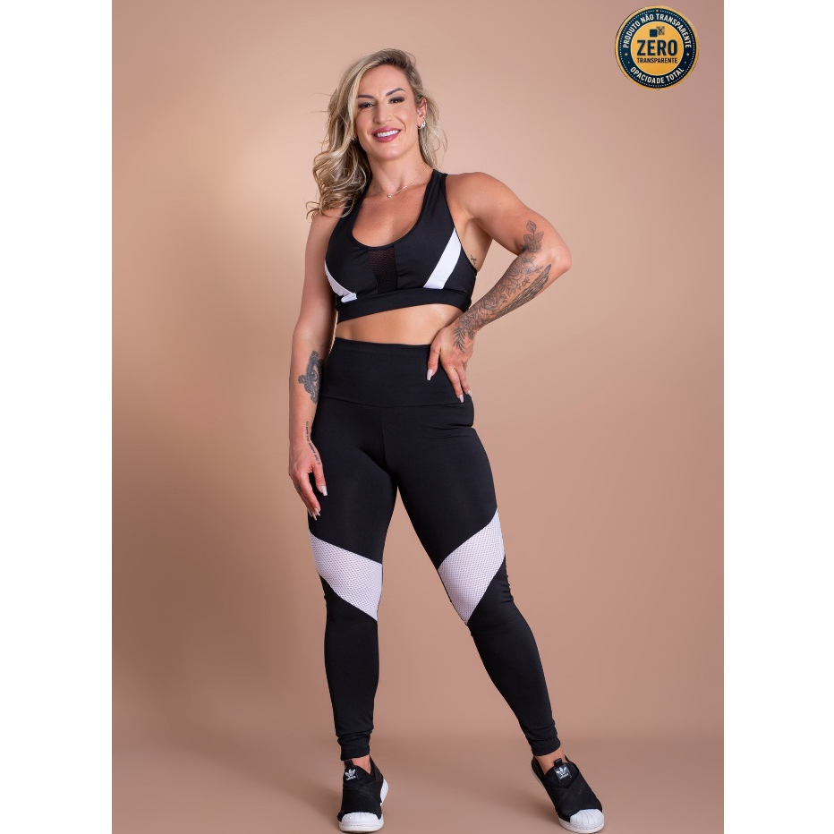 Conjunto Feminino Academia Calça Legging Cintura Alta Detalhe Com Tela e Top Nadador Com Tela Frontal ZERO TRANSPARÊNCIA