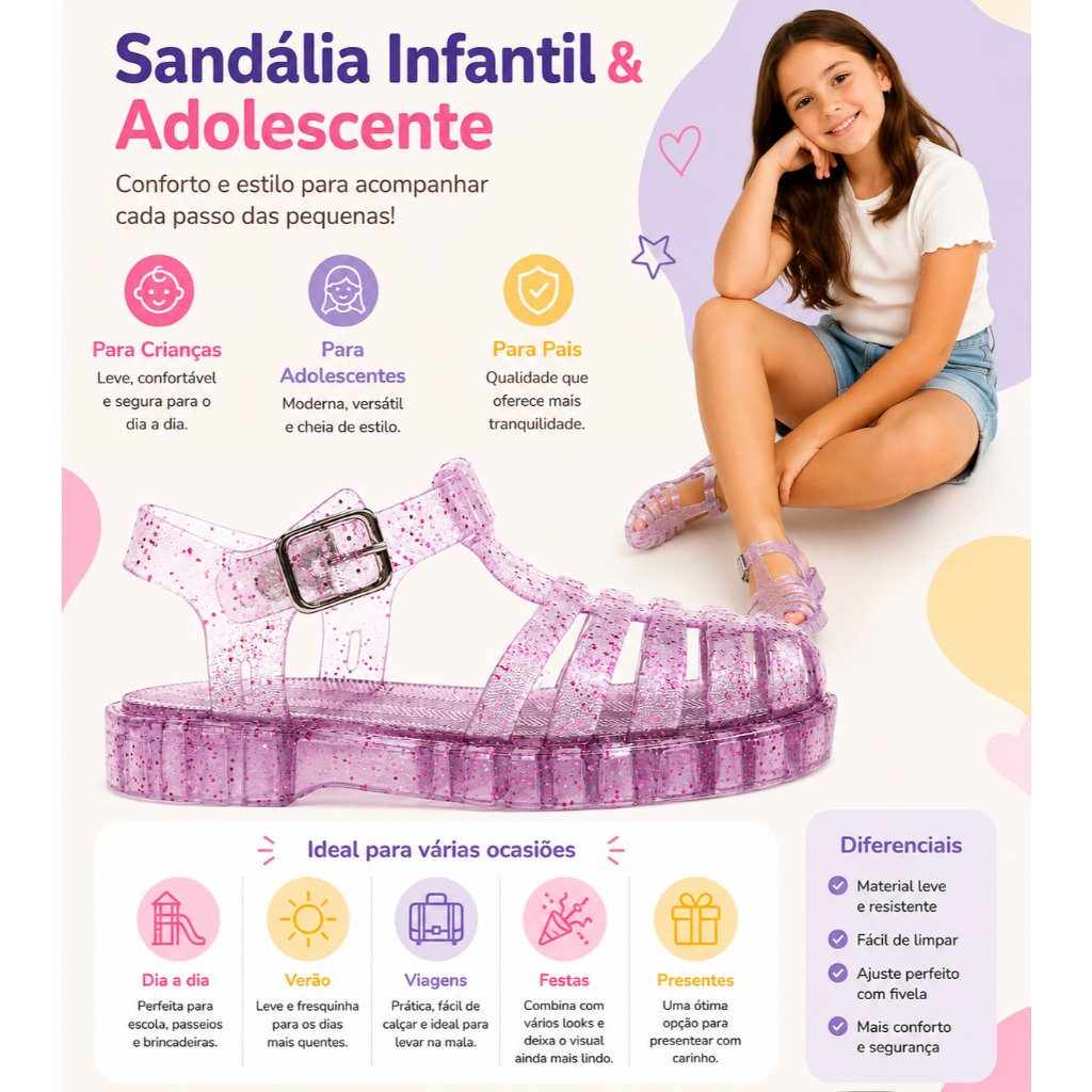 Sandalia Sapatilha Calçado Papete Infantil e Adolescente Feminina Confortável com Fivela para Menina