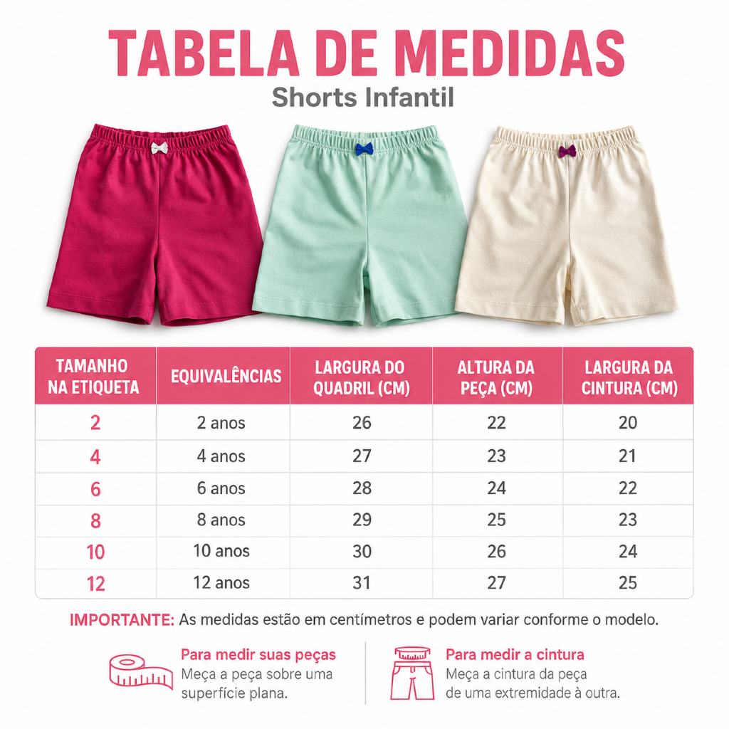 Kit 3 Shorts Cores Sortidas Infantil Menina Segunda Pele Algodão Confortável Bebê | Feminina | Tam 2 ao 12 anos