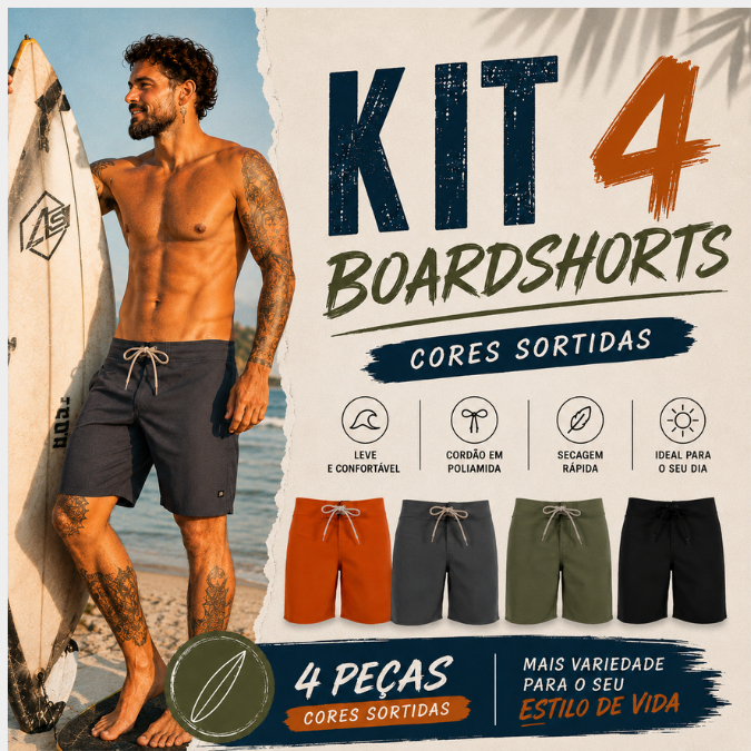 Kit Combo 4 Boardshorts Liso Surf Treino Academia Atacas C/ Velcro Tactel Elastano Sortidos