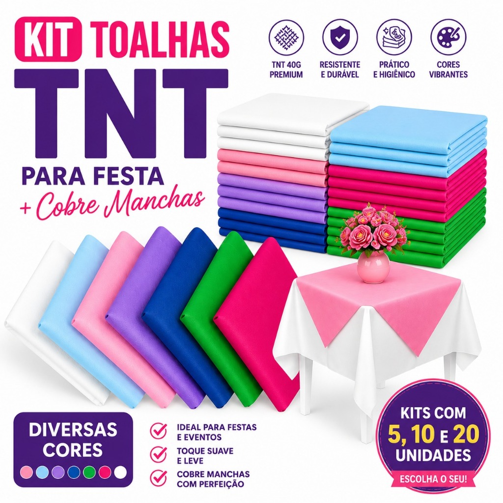 Kit Toalhas TNT 1x1m + Cobre Manchas 70x70 40g para Decoração de Festas