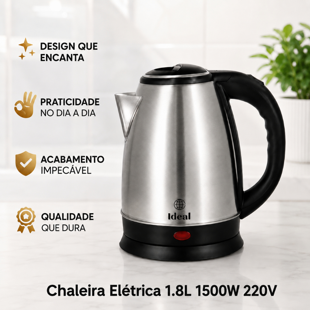 Chaleira Elétrica Inox 1,8 Litros Alta Potência Rápido Aquecimento 1500 Watts 220 Volts Chá Café Bebidas Quentes
