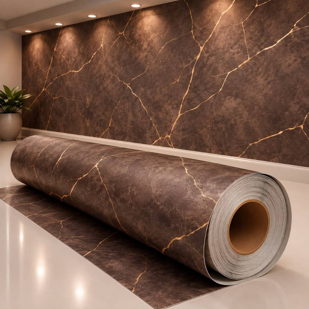 Papel de Parede Adesivo para Sala Mármore Marrom Moderno Luxo Hall