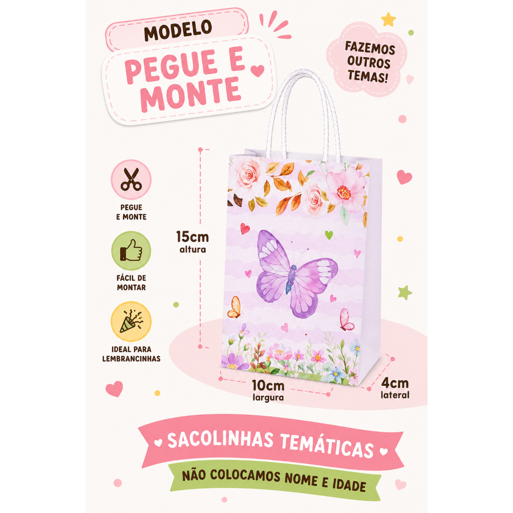 Sacolinha surpresa Borboleta Lilás Jardim Encantado Pegue e Monte todos os temas aniversario festa