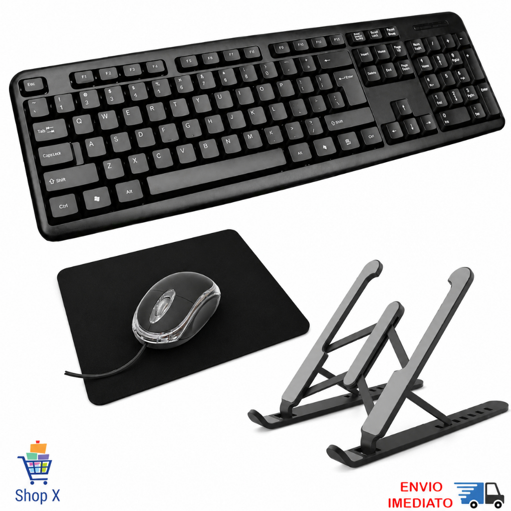 Kit Home Office Teclado + Suporte Notebook + Mouse e Mousepad Confortável