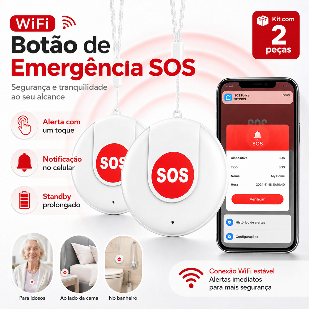 Botão Emergência Pânico SOS WiFi Idosos e Crianças